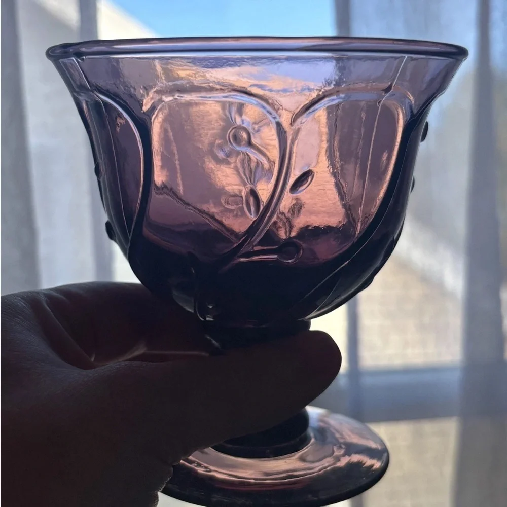 Vintage Purple Amethyst Glass Garden Vine Dessert Dish Set Dark Cottage Core